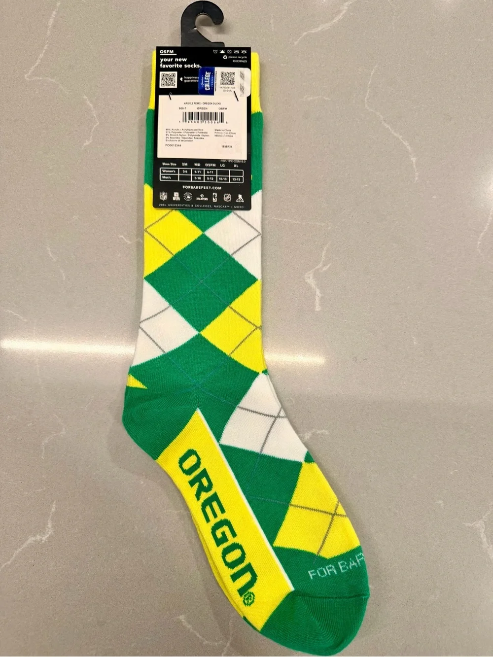 For Bare Feet Oregon Ducks Argyle Crew Socks - Green/Yellow/White - OSFM
